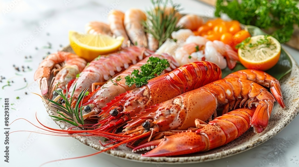 fresh seafood, fish, lobster, squid, tiger prawns on white background fresh seafood, fish, lobster, squid, tiger prawns on white background