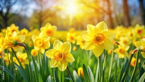 Vibrant yellow daffodils blooming beautifully in a serene spring garden setting