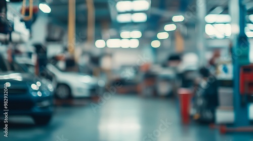 The abstract blurry image depicts a blurred car garage interior, a blurred mechanic service center, and a blurry car care station background.