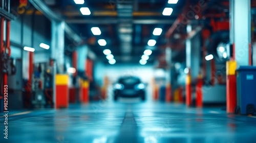 The abstract blurry image depicts a blurred car garage interior, a blurred mechanic service center, and a blurry car care station background.