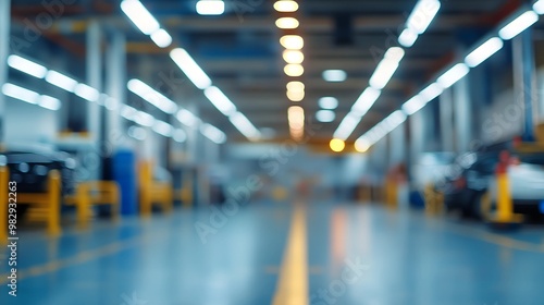 The abstract blurry image depicts a blurred car garage interior, a blurred mechanic service center, and a blurry car care station background. photo