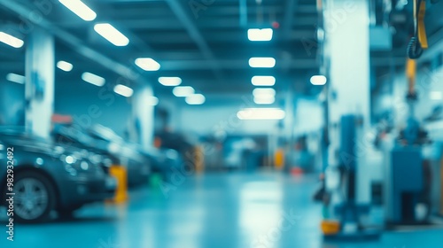 The abstract blurry image depicts a blurred car garage interior, a blurred mechanic service center, and a blurry car care station background.