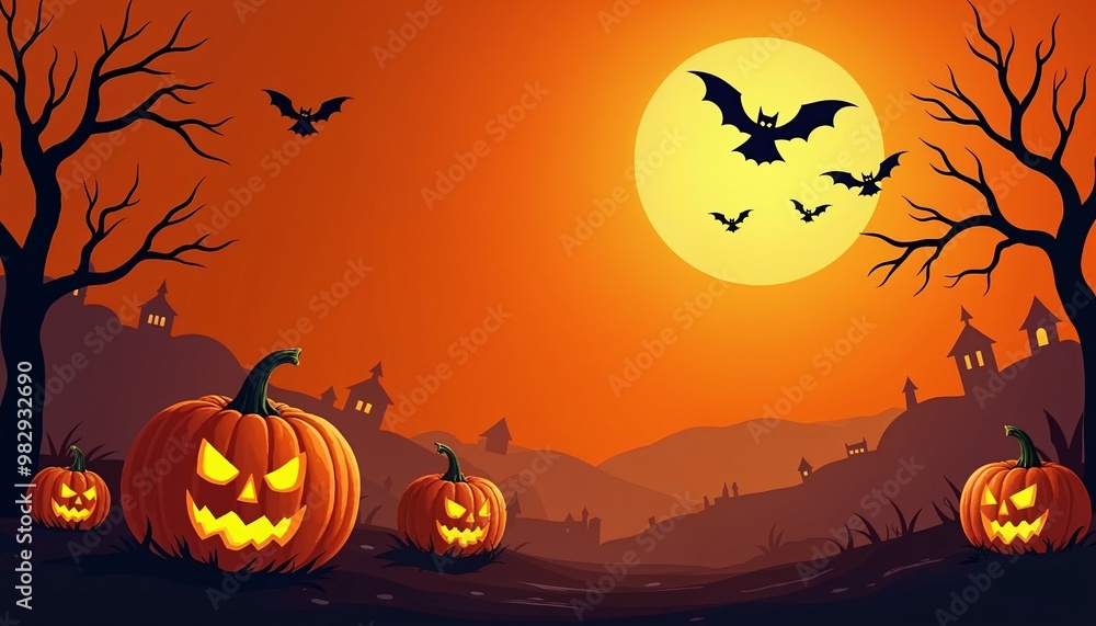 Halloween banner background, glowing pumpkins, spooky bats flying, eerie dark forest setup, full moon shining, glowing jack-o'-lanterns, creepy night scene, festive Halloween decorations, vibrant Halloween banner background, glowing pumpkins, spooky bats flying, eerie dark forest setup, full moon shining, glowing jack-o'-lanterns, creepy night scene, festive Halloween decorations, vibrant
