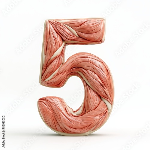 3D number 5 with muscle texture realistic modern design, soft lighting, white background.