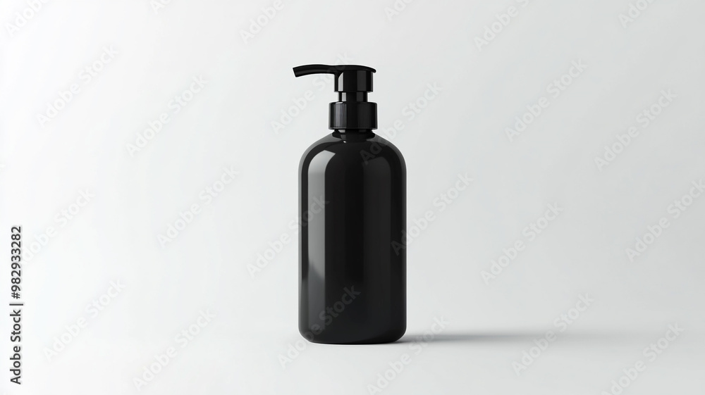 Black plastic cosmetics bottle with pump on white background Black plastic cosmetics bottle with pump on white background
