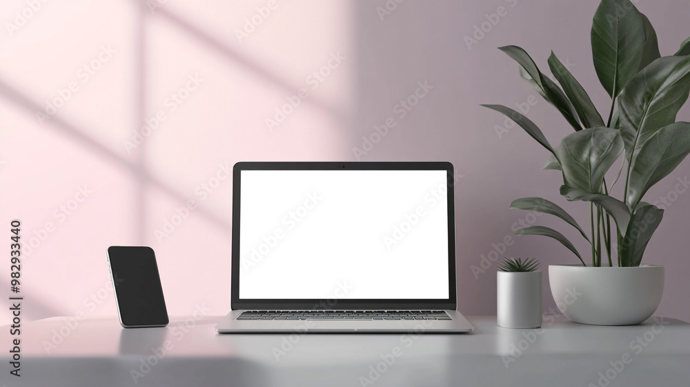a laptop mockup with a blank screen on a table. a laptop mockup with a blank screen on a table.