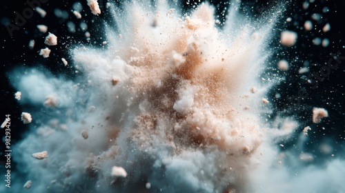 A visually stunning image of a powerful explosion, featuring tan and white dust particles blasted outward with intense energy. Captures the hectic, dynamic essence of the moment. photo