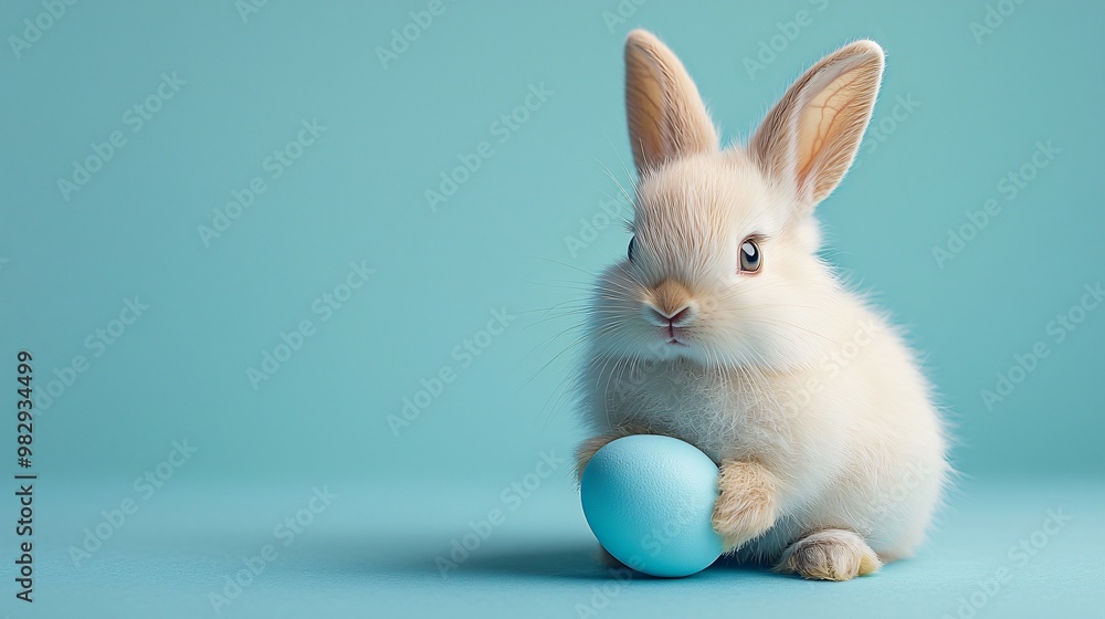 Fototapeta premium A fluffy white rabbit holding a soft blue Easter egg, perfect for cheerful holiday designs related to Easter with minimal copy space.