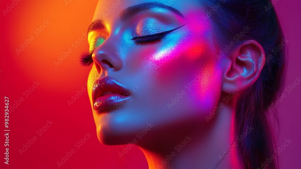 Vibrant neon portrait showcasing a woman's profile bathed in electric hues of pink, blue, and yellow, highlighting glossy lips and luminous skin. Vibrant neon portrait showcasing a woman's profile bathed in electric hues of pink, blue, and yellow, highlighting glossy lips and luminous skin.