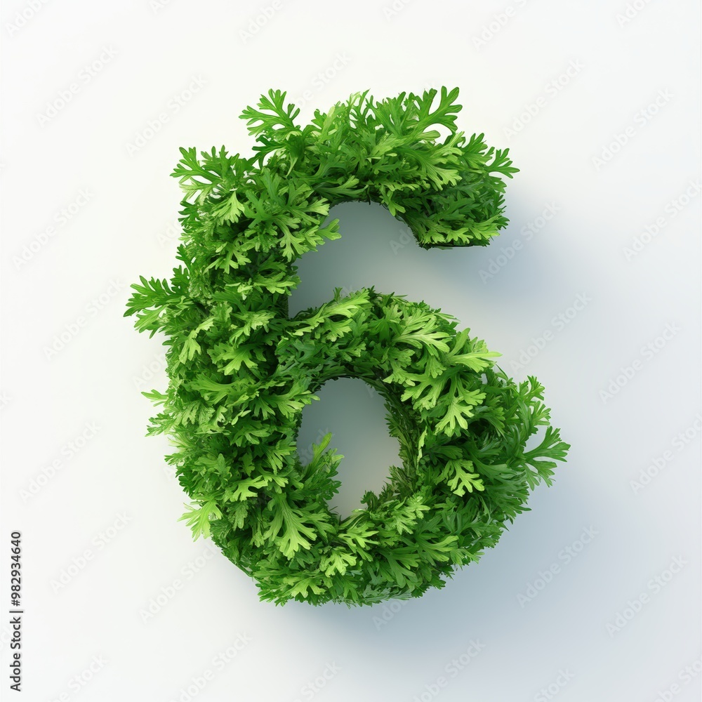 3D number 6 with parsley texture realistic modern design, soft lighting, white background. 3D number 6 with parsley texture realistic modern design, soft lighting, white background.