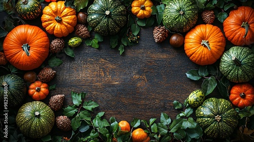 An autumn still life featuring various pumpkins and gourds, perfect for Thanksgiving and Halloween décor with ample copy space.