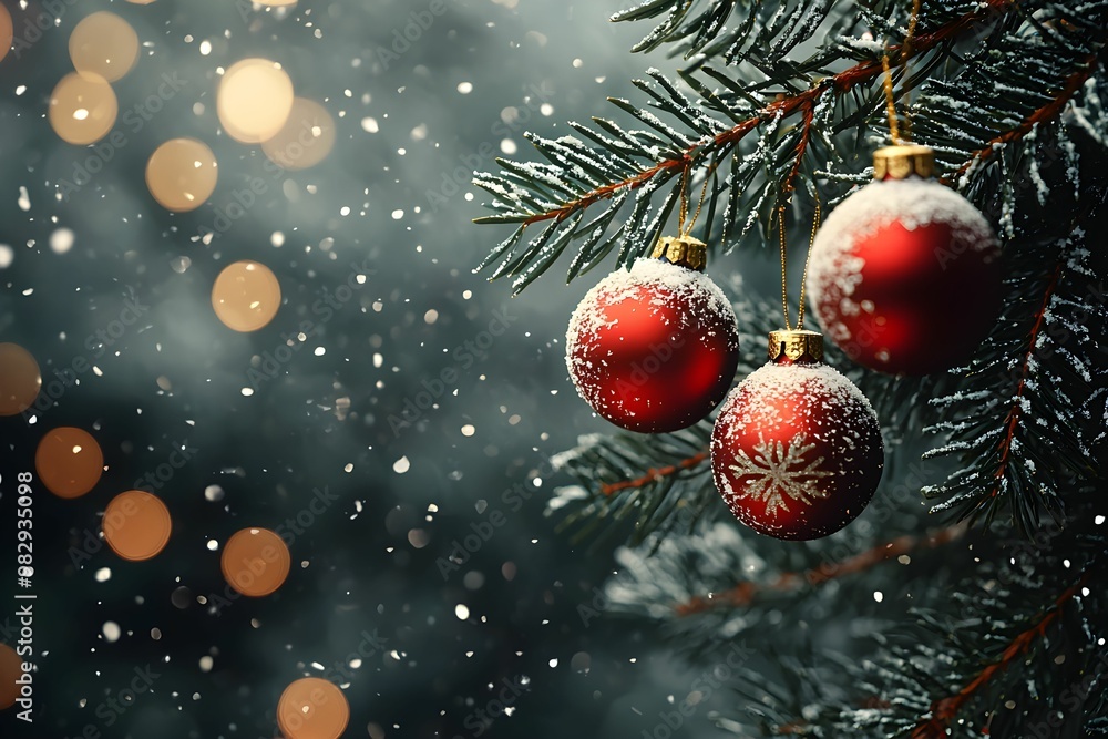 Christmas ornaments hanging on a snowy pine tree branch Christmas ornaments hanging on a snowy pine tree branch