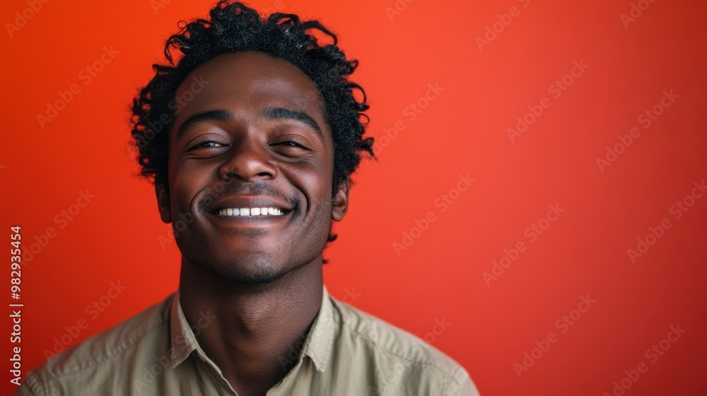 Obraz premium Smiling Young Man Against Vibrant Orange Background