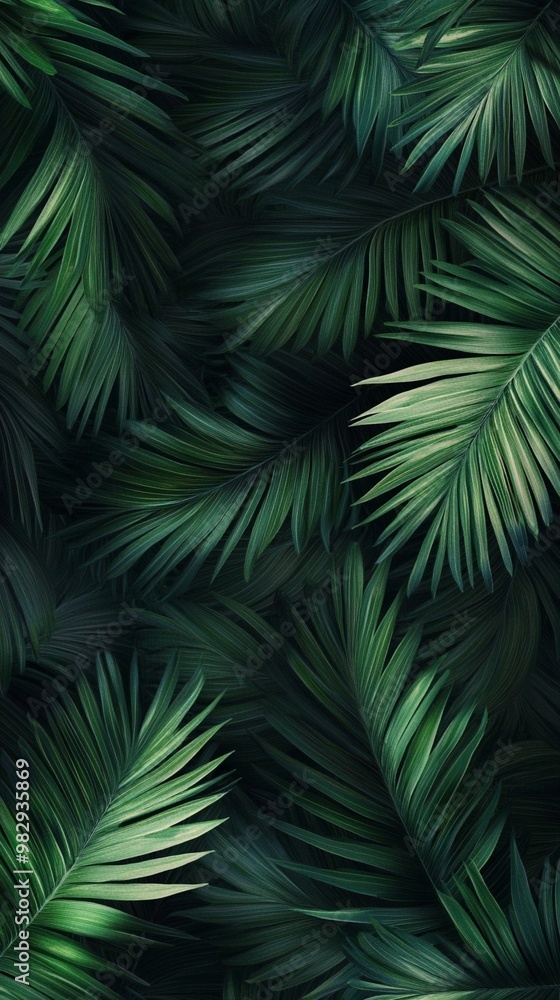 Lush tropical palm fronds create a dense, verdant canopy, their emerald leaves overlapping in a mesmerizing pattern of natural geometry and shadowy depths. Lush tropical palm fronds create a dense, verdant canopy, their emerald leaves overlapping in a mesmerizing pattern of natural geometry and shadowy depths.