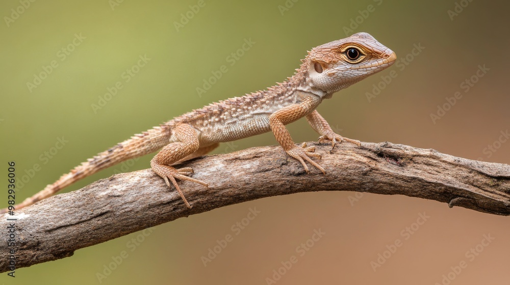 A brown lizard, common in India, is perched on a branch. A brown lizard, common in India, is perched on a branch.
