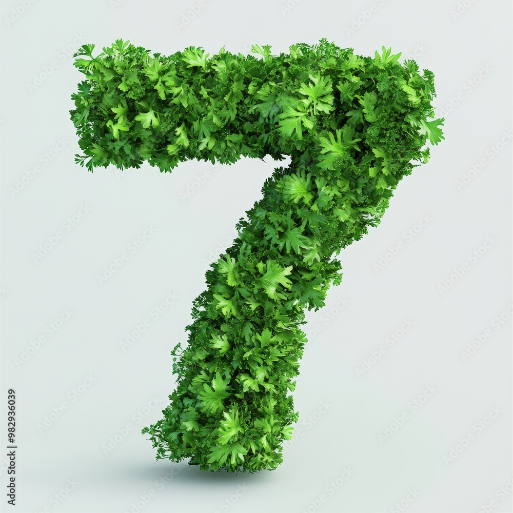 3D number 7 with parsley texture realistic modern design, soft lighting, white background. 3D number 7 with parsley texture realistic modern design, soft lighting, white background.