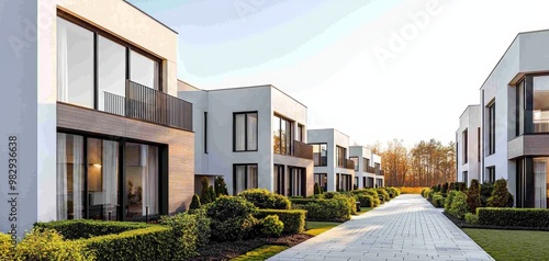 Contemporary Elegance Symmetrical Row of Modern Townhouses in Serene Setting, Lush Greenery Walkway, Tranquil Neighborhood Concept, Architectural Design Inspiration