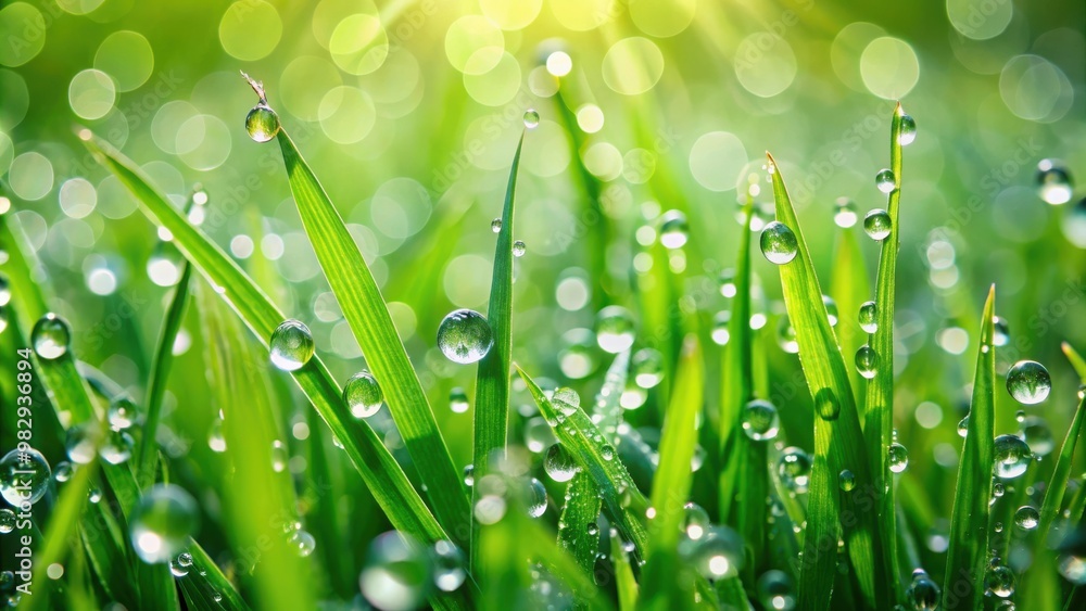 Fototapeta premium Fresh Green Grass Glistening with Water Droplets After Rainfall Macro Nature Background