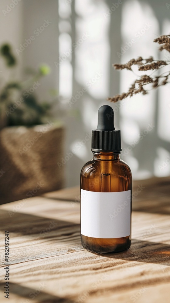 Amber glass dropper bottle with blank label on wooden surface, soft natural light casting shadows. Dried flowers and potted plant in background. Amber glass dropper bottle with blank label on wooden surface, soft natural light casting shadows. Dried flowers and potted plant in background.