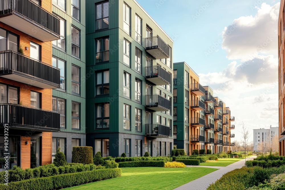 Contemporary Urban Living Modern Apartment Complex with Green and Brown Facades, Tranquil Luxury Setting, Real Estate Marketing Concept Contemporary Urban Living Modern Apartment Complex with Green and Brown Facades, Tranquil Luxury Setting, Real Estate Marketing Concept