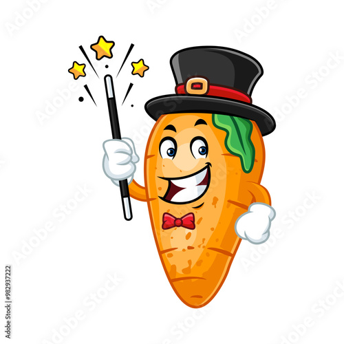 Cute carrot magician cartoon character performing magic trick with magic wand.