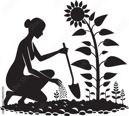 Tree planting silhouette vector illustration isolated on a white background