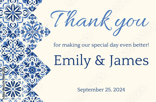 Stylish thank you card with Mediterranean floral tile patterns in navy blue and white. Ideal for weddings and events. Portuguese tiles. Invitation template. Ornate damask border. Moroccan ceramic