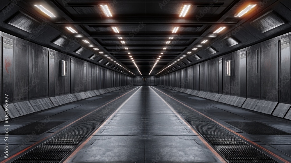 Fototapeta premium The long, narrow corridor features sleek metallic panels illuminated by bright overhead lights. The smooth floor reflects the light, creating an eerie yet captivating atmosphere