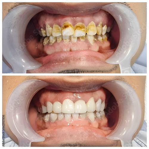 Before and after scaling and polishing treatment for tobacco staining on the teeth photo