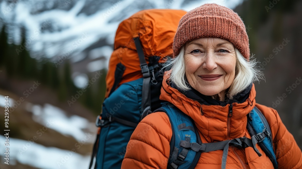 Smiling Elderly Woman on a Hiking Trail Smiling Elderly Woman on a Hiking Trail