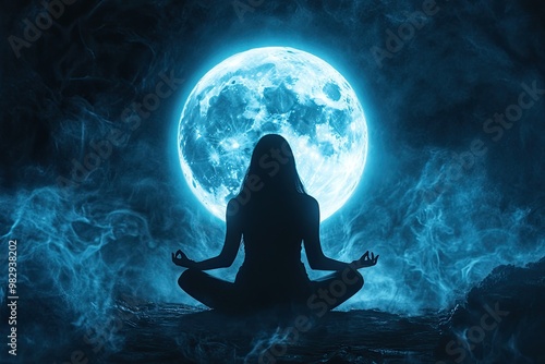 A woman meditating under a full moon, with a glowing aura around her