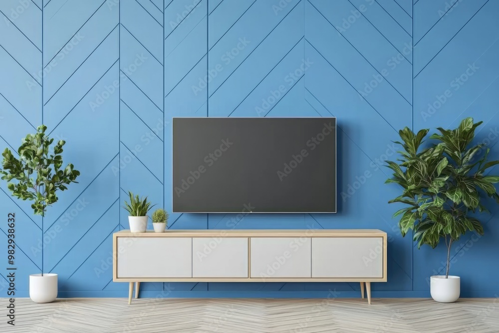 Fototapeta premium Modern Living Room with TV Cabinet on Blue Herringbone Wall