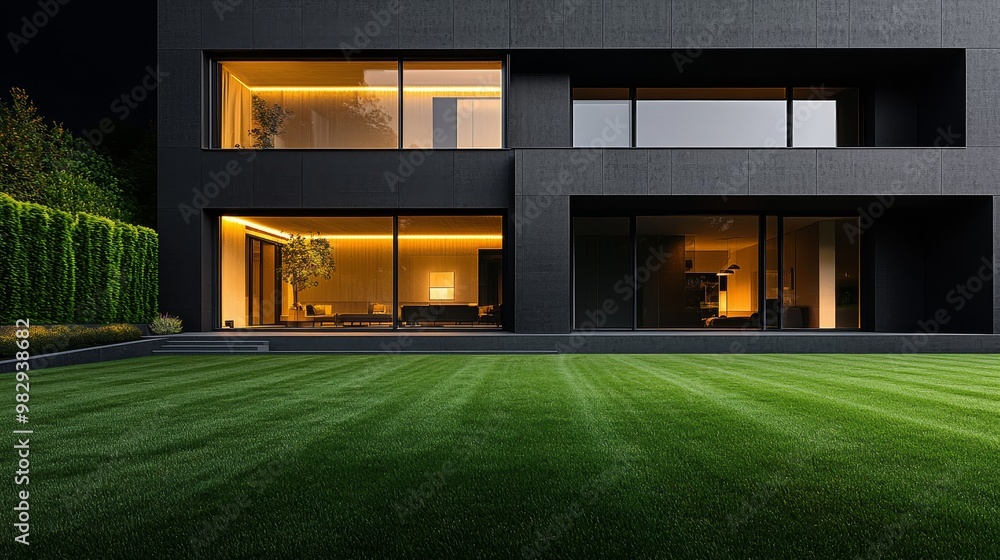Modern Luxury Living Sleek Glass House at Dusk with Lush Green Lawn, Tranquil Evening Glow Architectural Design Inspiration Modern Luxury Living Sleek Glass House at Dusk with Lush Green Lawn, Tranquil Evening Glow Architectural Design Inspiration