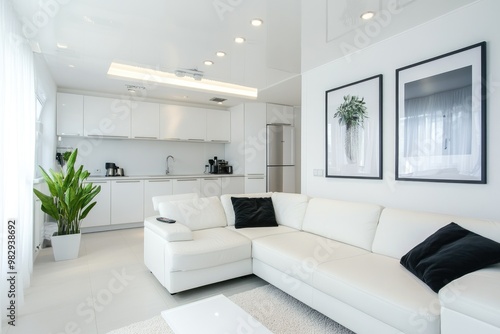 Wallpaper Mural Modern White Interior Design with Comfortable Sofa and Stylish Poster Torontodigital.ca