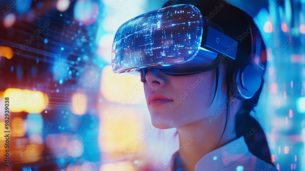 A woman wearing a virtual reality headset, surrounded by futuristic digital lights, experiencing an immersive virtual environment. A woman wearing a virtual reality headset, surrounded by futuristic digital lights, experiencing an immersive virtual environment.