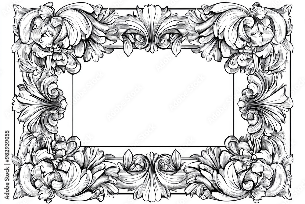 Beautiful monochrome linear 2D cartoon illustration suitable for an adult coloring book featuring an abstract rectangle ornate frame against a white background Beautiful monochrome linear 2D cartoon illustration suitable for an adult coloring book featuring an abstract rectangle ornate frame against a white background