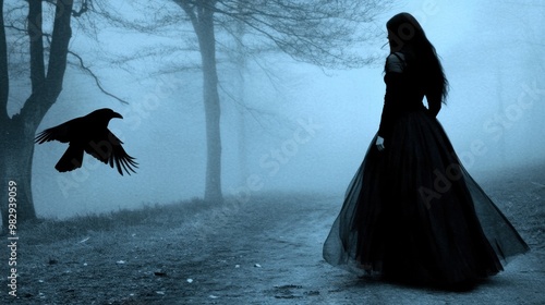 In a fog-covered forest, a lone figure in a flowing black dress gazes toward a raven flying overhead, creating an atmosphere of mystery and solitude