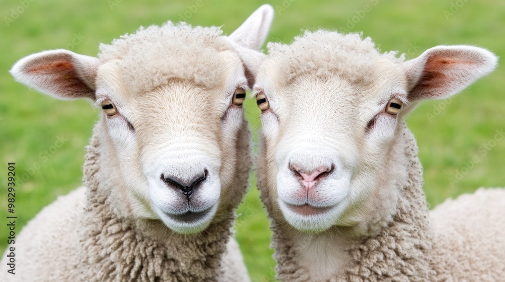 Two sheep are positioned side by side, their woolly coats and curious expressions create a charming sight against a lush, green backdrop in bright daylight Two sheep are positioned side by side, their woolly coats and curious expressions create a charming sight against a lush, green backdrop in bright daylight