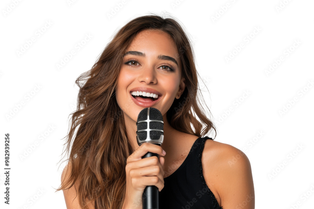 Young woman, either an influencer or singer, confidently holding a microphone while recording her voice for broadcasting, isolated on a transparent background. Young woman, either an influencer or singer, confidently holding a microphone while recording her voice for broadcasting, isolated on a transparent background.