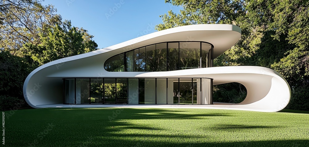 Modern White House with Curved Roof in Serene Green Field - Contemporary Architecture Design for Real Estate, Interior Inspiration Modern White House with Curved Roof in Serene Green Field - Contemporary Architecture Design for Real Estate, Interior Inspiration