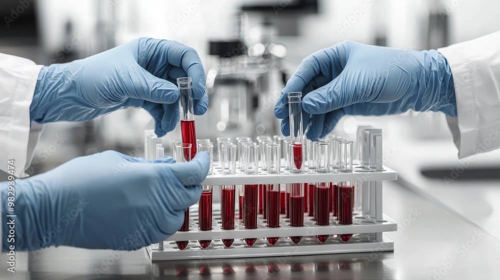 Precision Science Close-Up Blue-Gloved Hands Place Red Test Tube in Laboratory Rack, Sterile Environment, Clinical Setting Concept Precision Science Close-Up Blue-Gloved Hands Place Red Test Tube in Laboratory Rack, Sterile Environment, Clinical Setting Concept