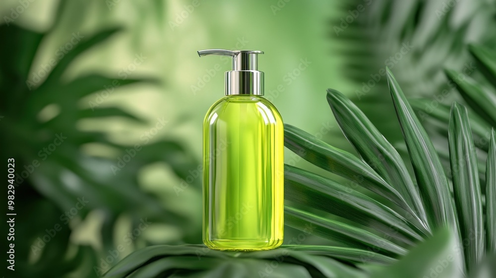 A vibrant yellow soap dispenser stands gracefully on lush green foliage, capturing the essence of a tropical oasis A vibrant yellow soap dispenser stands gracefully on lush green foliage, capturing the essence of a tropical oasis