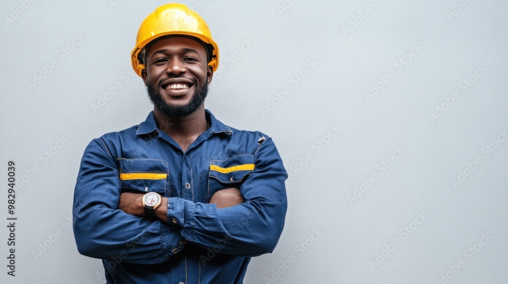 A confident young construction worker wearing a yellow hard hat and blue overalls stands with crossed arms, smiling against a neutral gray wall, showcasing pride in his work environment A confident young construction worker wearing a yellow hard hat and blue overalls stands with crossed arms, smiling against a neutral gray wall, showcasing pride in his work environment