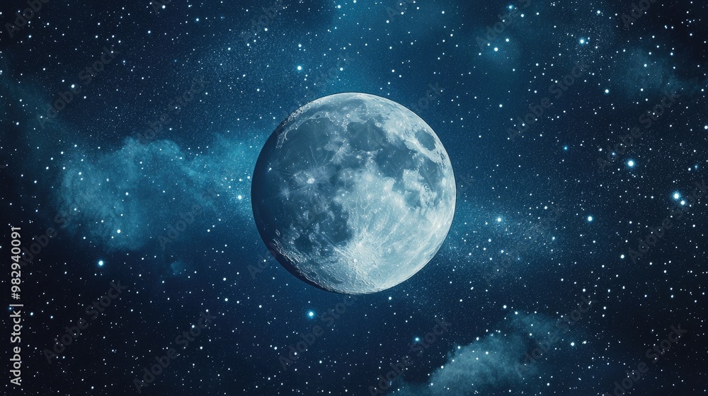 Moon surrounded by twinkling stars in a night sky Moon surrounded by twinkling stars in a night sky