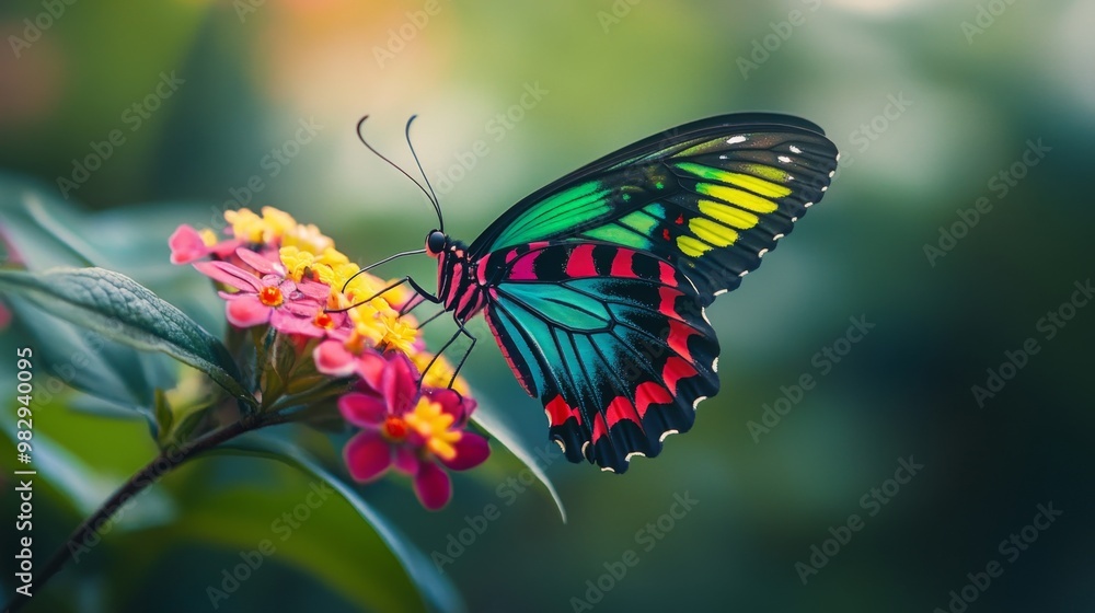 A macro shot of a colorful butterfly perched on a flower, showcasing its detailed wings and vibrant colors. A macro shot of a colorful butterfly perched on a flower, showcasing its detailed wings and vibrant colors.