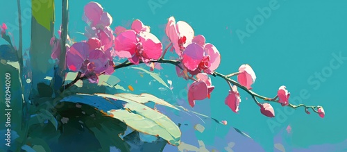 Painting of pink orchid blossoms on a stem against a vibrant green backdrop