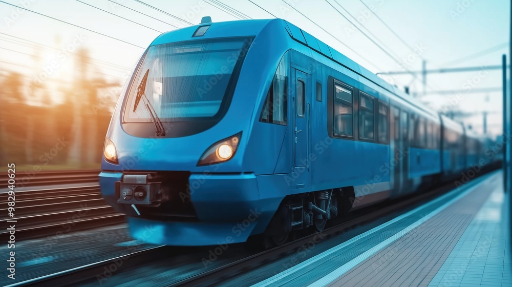 Naklejka premium As the sun sets, a bright blue train speeds toward the platform, showcasing a sleek design and efficient public transportation in an urban environment