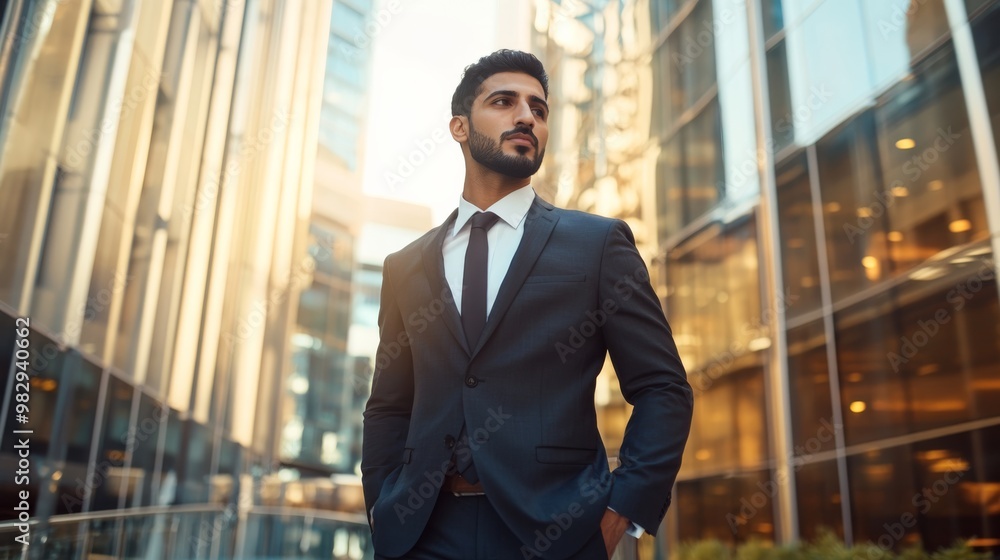 Fototapeta premium A confident man in a sleek suit stands in a modern cityscape, showcasing elegance amidst glass buildings under soft golden light.