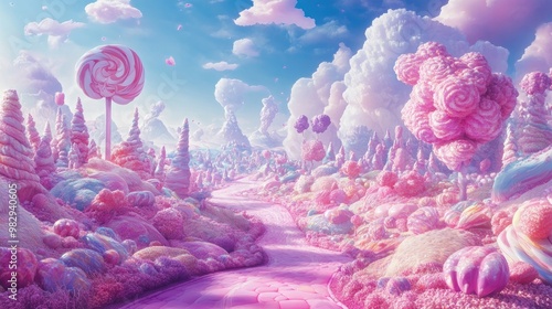 Vibrant pastel candy landscape illustration in a whimsical fantasy style photo