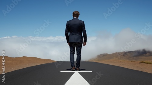 A man in a suit stands confidently on a deserted road, gazing into the distance where clouds meet the mountain peaks under a clear blue sky, embodying determination and ambition